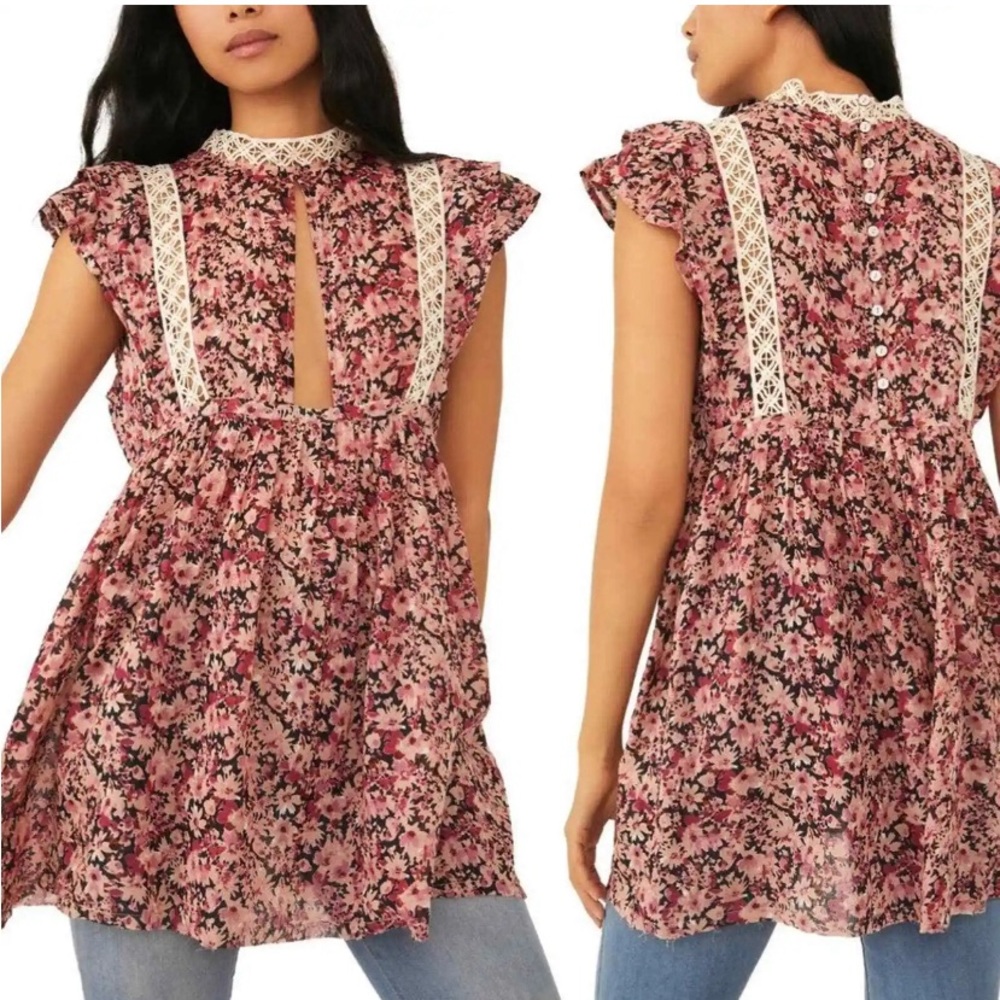 Free People Eva Floral Lace Trim Babydoll Tunic Top Pink Boho Oversized M/L